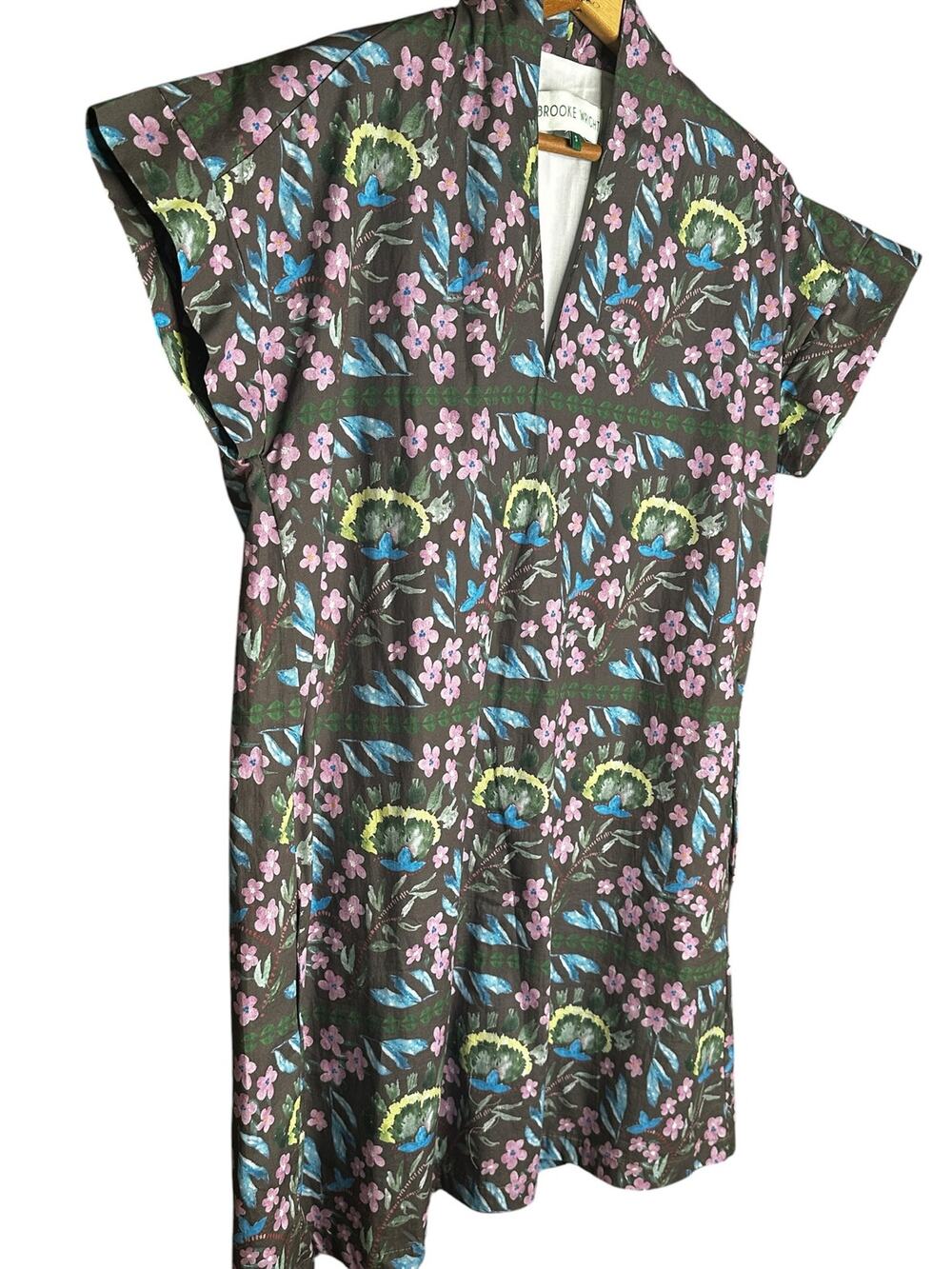 Brooke Wright Tunic Dress Brown Floral Print Short Sleeve Split Neck Size L